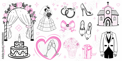 Wedding elements collection bride groom church and celebratory details