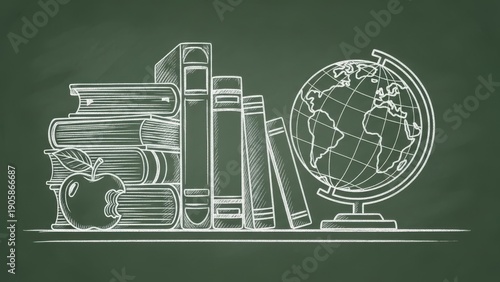 Chalk drawing of stack of books, apple and globe on blackboard