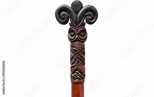 Maori Ceremonial Staff (Tokotoko) Symbol of Authority Isolated On White Background.