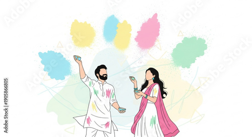 Couple celebrating Holi festival throwing colored powder vector illustration for Indian culture and traditions isolated on white back