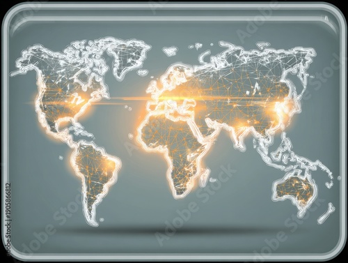 Illuminated world map with glowing lines on dark background  