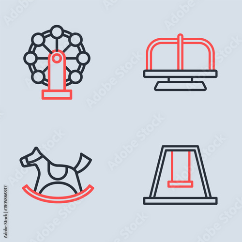 Set line Attraction carousel, Horse in saddle swing, Swing for kids and icon. Vector