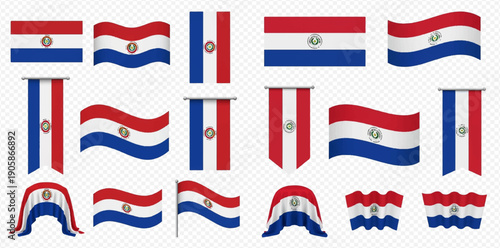 Set of Paraguay flags in various shapes and styles on a transparent background, representing national identity and patriotism.