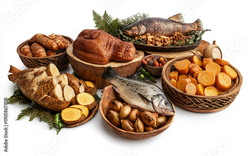 Traditional Maori Hangi Meal with Vegetables and Seafood Isolated On White Background.