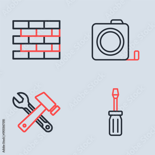Set line Roulette construction, Window in room, Screwdriver and Bricks icon. Vector