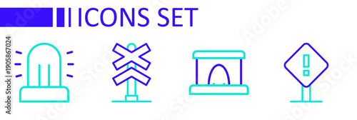 Set line Exclamation mark in square, Railway tunnel, Railroad crossing and Flasher siren icon. Vector