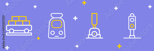 Set line Train traffic light, Arrow for switching the railway, and and Cargo train wagon icon. Vector