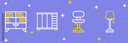 Set line Floor lamp, Office chair, Wardrobe and Library bookshelf icon. Vector