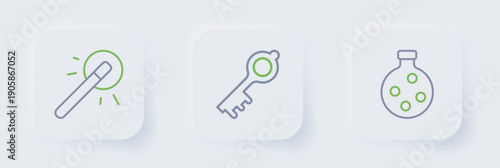 Set line Bottle with potion, Old magic key and Magic wand icon. Vector