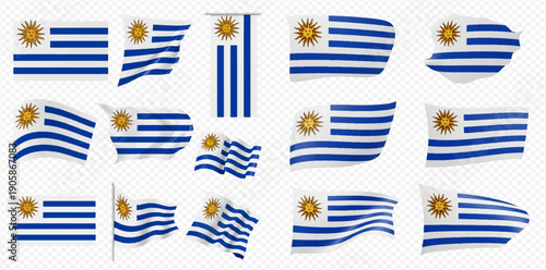 Set of waving Uruguay flags in various shapes and styles on a transparent background.