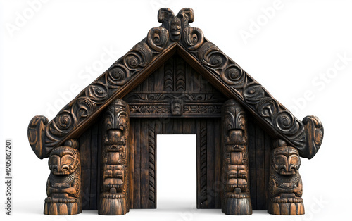 Traditional Maori Wharenui with Intricate Entrance Carvings Isolated On White Background.