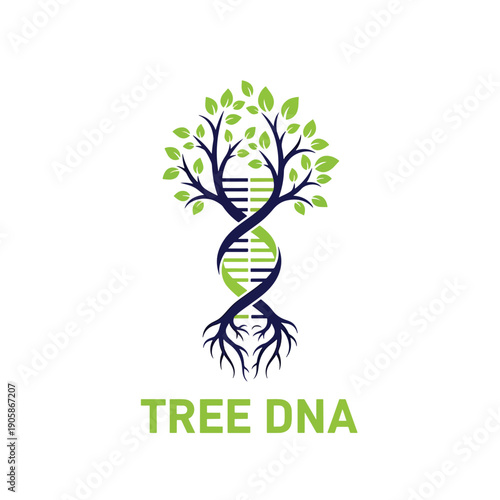 Vector illustration: a green tree with a DNA helix trunk, representing genetic growth and natural life.