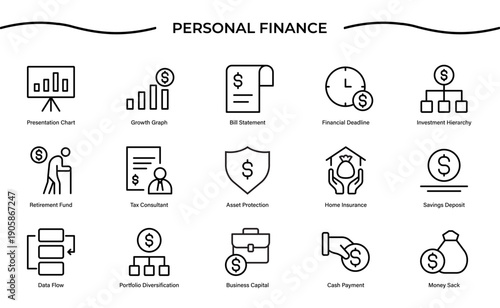Comprehensive Personal Finance Icon Set for Budgeting Apps and Wealth Management