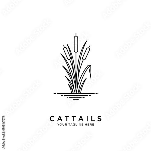 Minimalist Vector Illustration of Cattail Plants Growing in Water, Simple Outline Design for Nature Concepts
