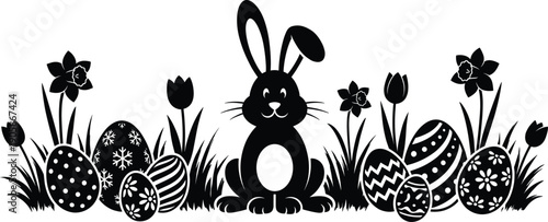 Easter bunny silhouette with decorated eggs, spring flowers, tulips, daffodils, and grass border, festive holiday nature scene background
