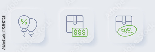 Set line Cardboard box with free symbol, Item price tag dollar and Discount percent icon. Vector