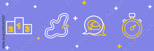 Set line Alloy wheel for car, Racing helmet, Timing belt kit and Award over sports winner podium icon. Vector