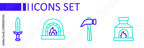 Set line Blacksmith oven, Hammer, and Medieval sword icon. Vector