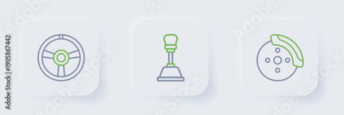 Set line Car brake disk with caliper, Gear shifter and Racing steering wheel icon. Vector