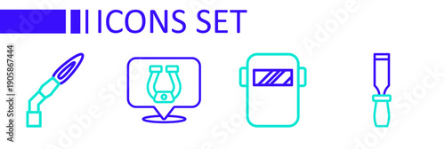 Set line Rasp metal file, Welding mask, Horseshoe and torch icon. Vector