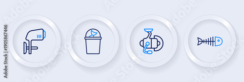 Set line Fish skeleton, Spinning reel for fishing, Fisherman hat and Outboard boat motor icon. Vector