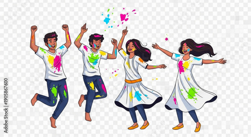 People celebrating Holi festival happy friends covered in colorful powder jumping and dancing with joy vector illustration