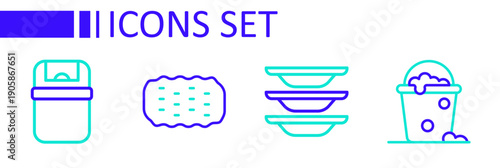 Set line Bucket with foam and bubbles, Washing dishes, Sponge and Trash can icon. Vector