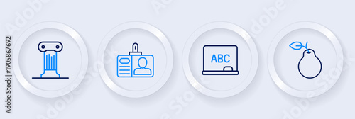 Set line Pear, Chalkboard, Identification badge and Law pillar icon. Vector