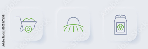 Set line Pack full of seeds, Sunrise and Wheelbarrow icon. Vector