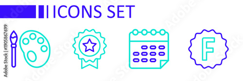 Set line Exam paper with incorrect answers, School timetable, Medal star and Paint brush palette icon. Vector