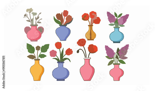 Cute decorative flower vase cartoon vector collection with blooming spring flowers
