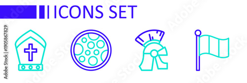 Set line Flag Italy, Roman army helmet, Pizza and Pope hat icon. Vector