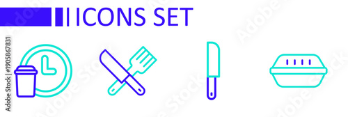 Set line Lunch box, Knife, Crossed knife and fork and Round the clock delivery icon. Vector