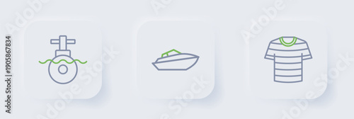 Set line Striped sailor t-shirt, Speedboat and Submarine icon. Vector