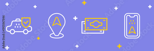 Set line Infographic of city map, Stacks paper money cash, Location taxi car and Taxi insurance icon. Vector