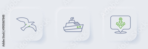 Set line Anchor, Speedboat and Bird seagull icon. Vector