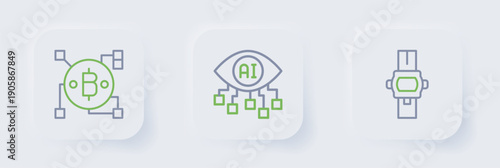Set line Wrist watch, Computer vision and Blockchain technology Bitcoin icon. Vector