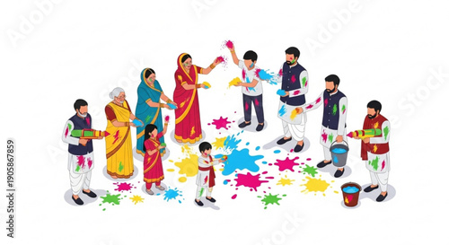 Indian family celebrating Holi festival with colors playing with water guns and buckets isometric illustration for festive design