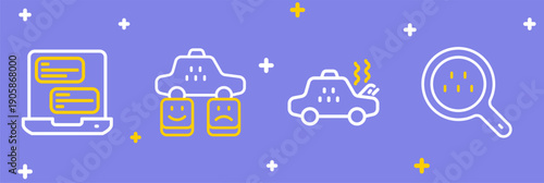 Set line Search taxi, Broken car, Taxi service rating and mobile app icon. Vector