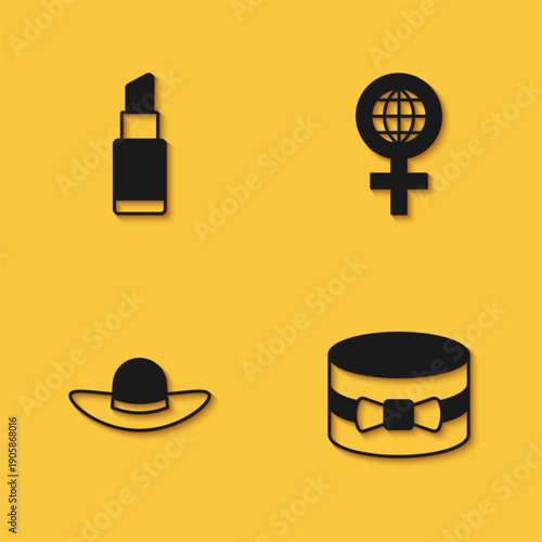 Set Lipstick, Gift box and heart, Elegant women hat and International Women Day icon with long shadow. Vector
