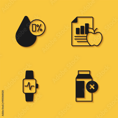 Set Water balance, Lactose intolerance, Smart watch with heart and Diet plan icon with long shadow. Vector