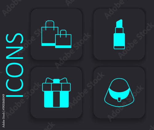 Set Handbag, Paper shopping, Lipstick and Gift box heart icon. Black square button. Vector