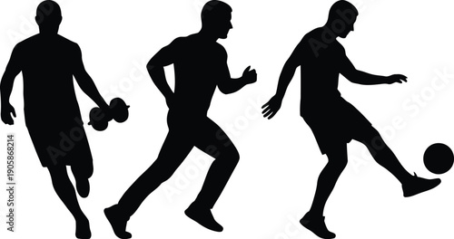 Silhouette of three men playing soccer and exercising