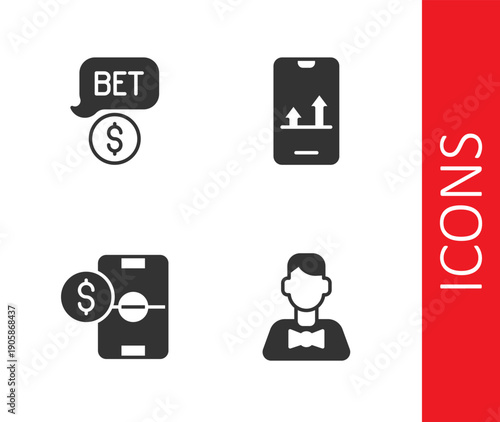 Set Casino dealer, chip with dollar, Football betting money and Online sports icon. Vector