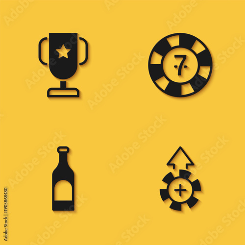 Set Casino poker trophy cup, chips, Bottle of wine and icon with long shadow. Vector