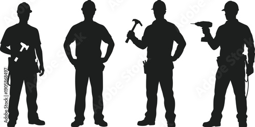 Construction worker silhouettes with hammer and drill tools, professional builder team isolated on white background