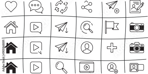  Social media interface icon set including home, like, comment, search, user profile, repost, and share symbols, simple vector illustration eps