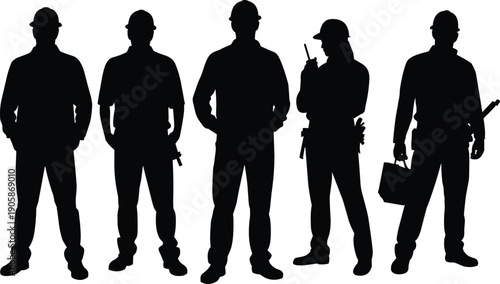 Construction worker silhouettes standing with tools and equipment, professional builder team isolated on white background
