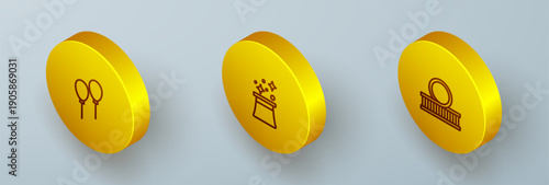 Set Isometric line Balloons with ribbon, Magician hat and Roller coaster icon. Vector