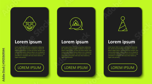 Set line Clown head, Circus tent and Party hat. Business infographic template. Vector